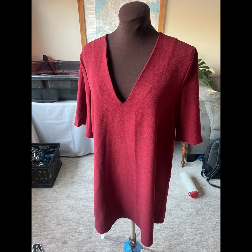 Deep V Slight High Low Short Sleeve Straight Line Dress